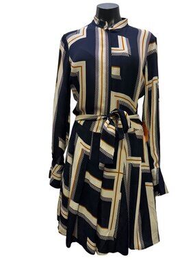 Reiss Print Dress With Belt Navy Cream Brown 2